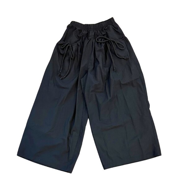 Women's Black Wide Leg High Waist Cropped Culotte Tie Pocket Boho Pants S - Picture 1 of 4